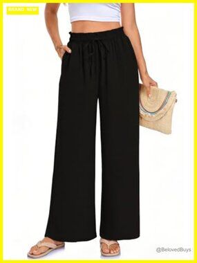 Plus Size Wide Leg Palazzo Beach Pants with Pockets High Waist Drawstring